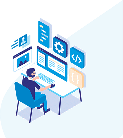 Vector graphic shows man in front of browser for web based application