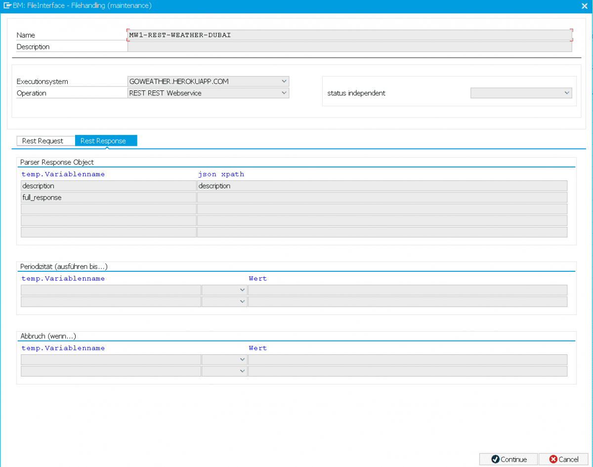 Screenshot FDM Feature: Einrichten REST Response Auswertung