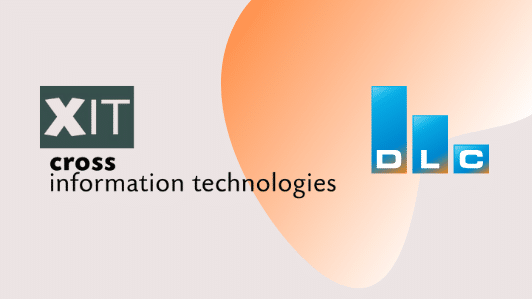 Colorful background with logos CrossIT and DLC for news new partnership in software asset management