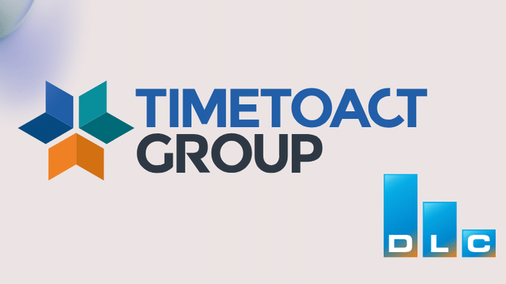 Colorful background with logos TIMETOACT and DLC for news new partnership in software asset management