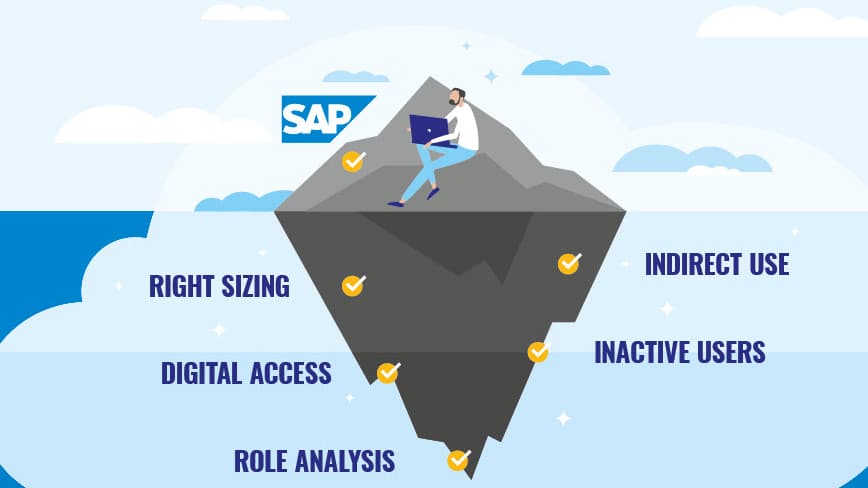 Image shows iceberg with SAP logo and license terms that are central to license management