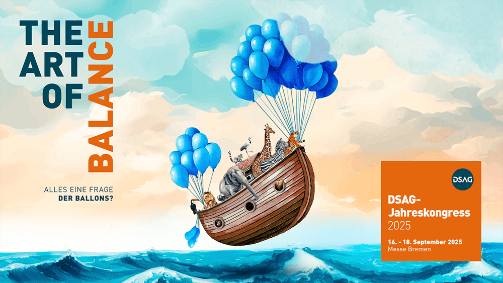 Header image DSAG Annual Congress 2025 shows ark with balloons floating in the air with animals