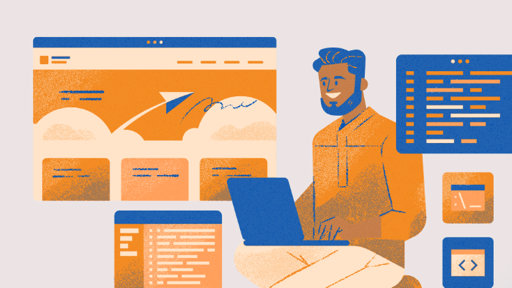 16:9 vector graphic in orange blue shows programmer laughing in front of PC and several web screens