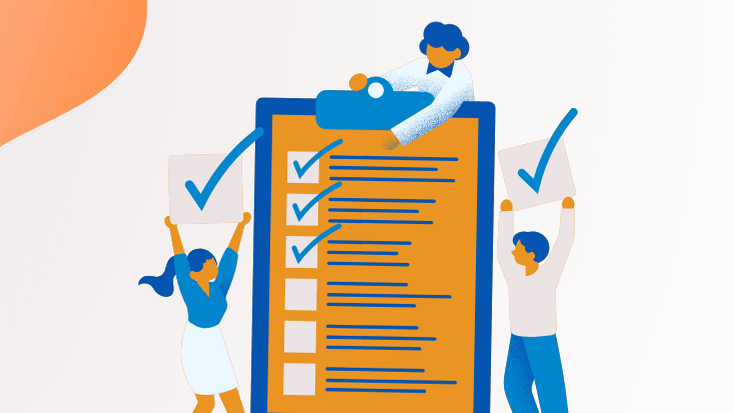 16:9 Vector graphic shows people checking off contracts together, and the checkmarks reaching towards each other like blocks